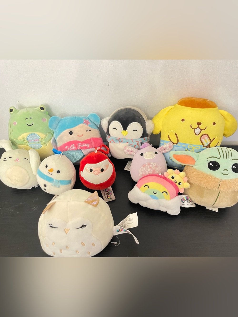 Assorted Squishmallow Plush Lot - Rainbow Cloud, Penguin, Yellow Dog, Pink Bunny